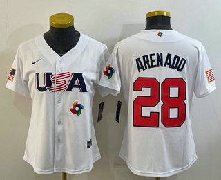 Womens USA Baseball #28 Nolan Arenado 2023 White World Classic Replica Stitched Jersey